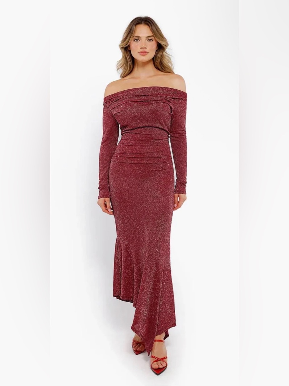 Popilush Shapewear Metallic Knit Long Sleeve Slim Mermaid Maxi Dress